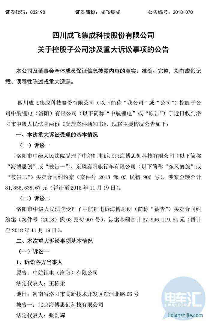 四川成飛集成科技股份有限公司關(guān)于控股子公司涉及重大訴訟事項的公告