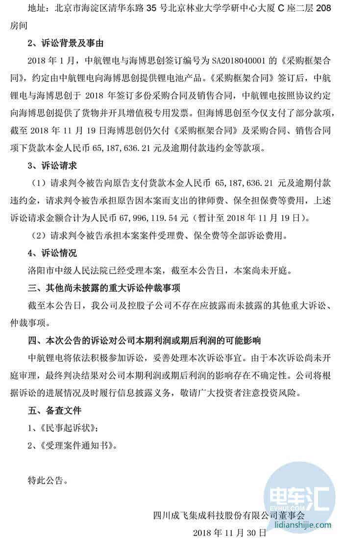 四川成飛集成科技股份有限公司關(guān)于控股子公司涉及重大訴訟事項的公告